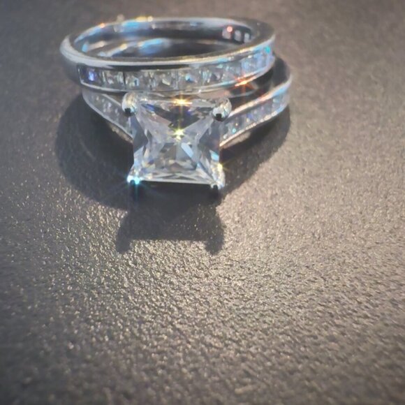 Fashion Jewelry Jewelry - 2 PC Wedding Set With Princess Cut CZ Engagement & Eternity Band Ring In Sterlin